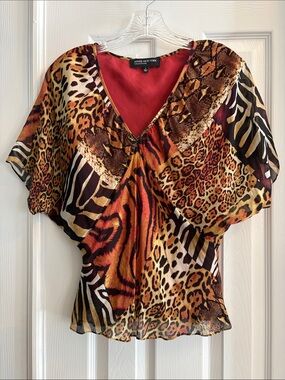 Jones New York 100% Silk Animal Print V-Neck Blouse Women’s size 4